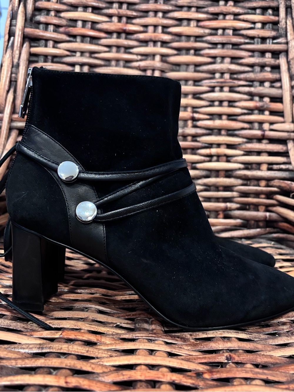 What For Women's Black Suede Ankle Booties with Silver Button Detail 9/40